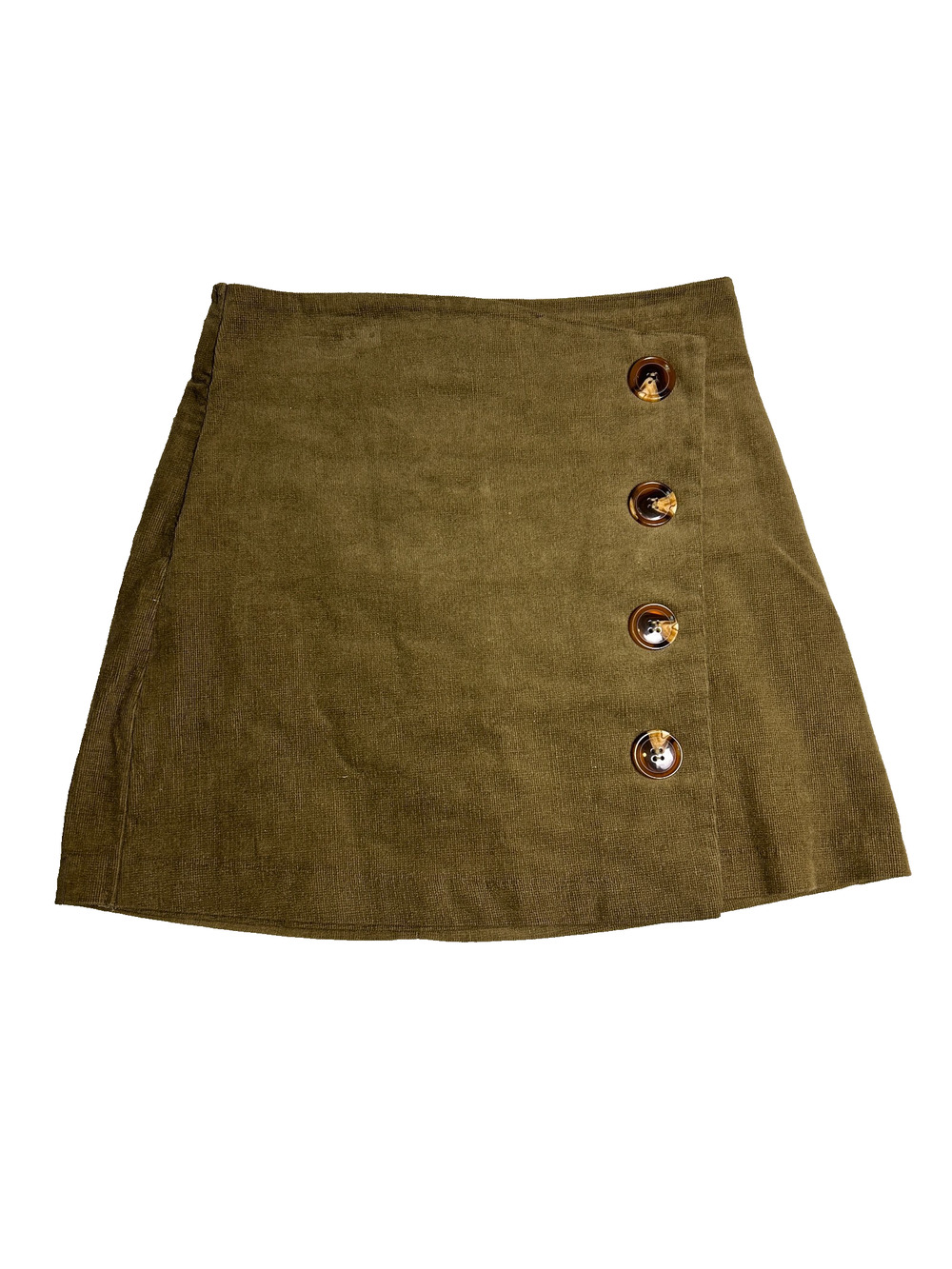 Fashion on Earth Corduroy Faux Wrap Mini Skirt Womens Medium Olive Green Button